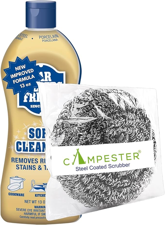Campester Soft Surface Cleanser 13 oz with Stainless Steel Coated Scourer – Bleach-Free Multi-Surface Rust, Stain & Mineral Deposit Remover for Kitchen, Bathroom & Cookware