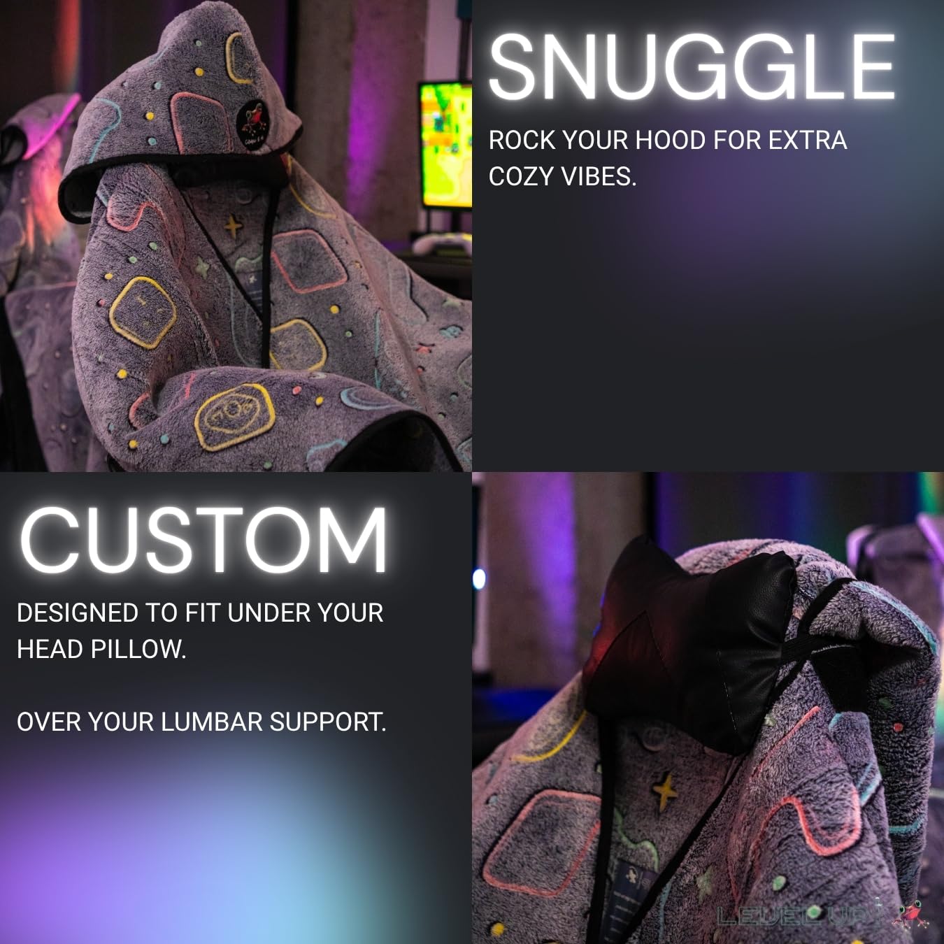 LEVEL UP WRAP® – Glow-in-The-Dark Gaming Chair Blanket with Hood | Cozy, Oversized Fit | Secure Attachment | Easy-Wash, Eco-Friendly Fleece | Gamer Gift | Pattern: Cosmic Controllers