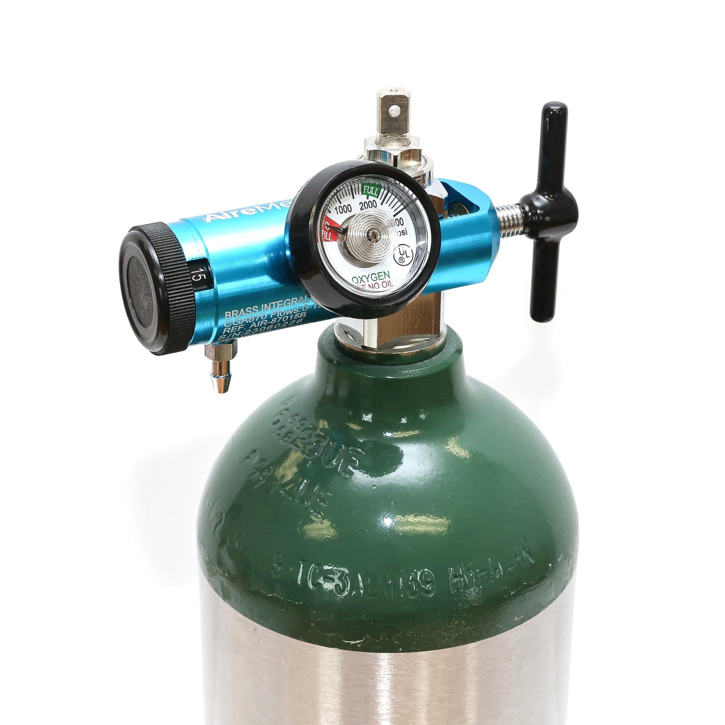 AireMed Oxygen Regulator 0-15LPM, CGA-870 Gauge Flow Rate – Includes Wrench Key, 5 Brass Yoke Washer Seals, and 2 Oxygen Tubing Swivel Connectors - Ergonomic Handle Design – Blue