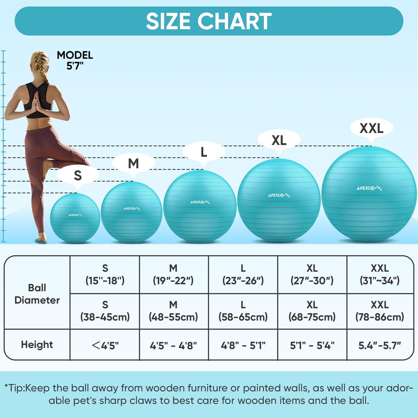 APEXUP Yoga Ball Exercise Ball, Anti Slip Stability Ball Chair, Heavy Duty Large Gym Ball for Fitness, Balance, Core Workout and Physical Therapy (S (15"~18") 45cm, Light Blue)