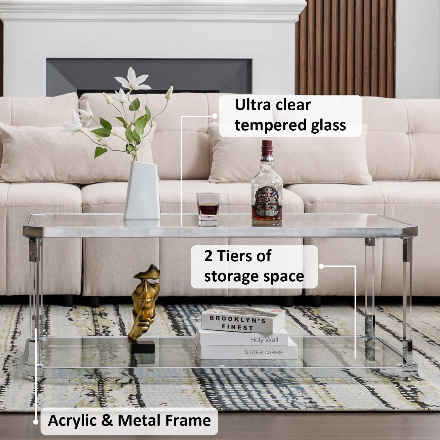 MINPINSER Glass Coffee Table, Clear Coffee Table with 2 Tiers, Acrylic Leg, Chrome Frame, Rectangular Center Table for Living Room (Chrome-New)