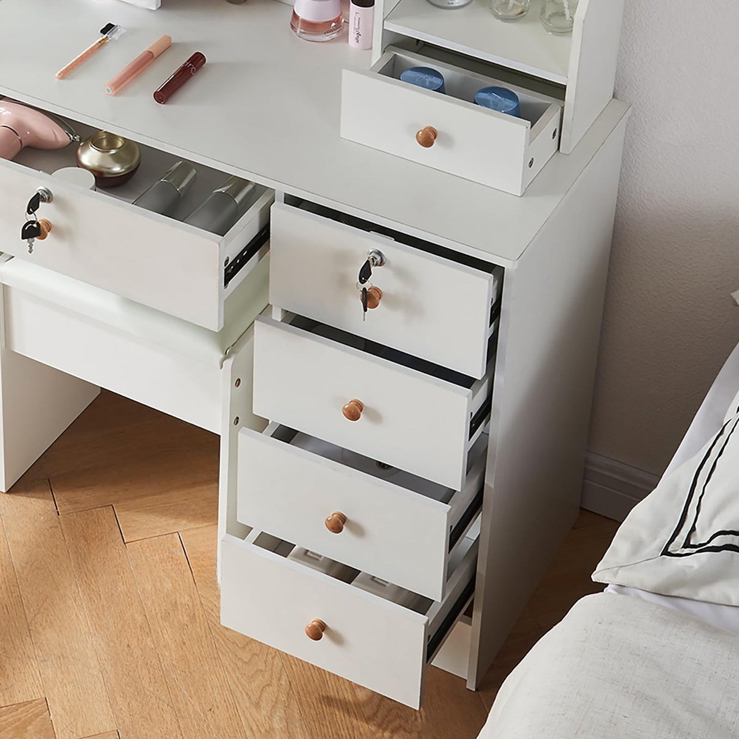 onesaimei Makeup Vanity with Mirror and Lights, Vanity Desk with 5 Drawers & Multiple Shelves, Vanity Table with Cushioned Stool for Bedroom & Makeup Room, White