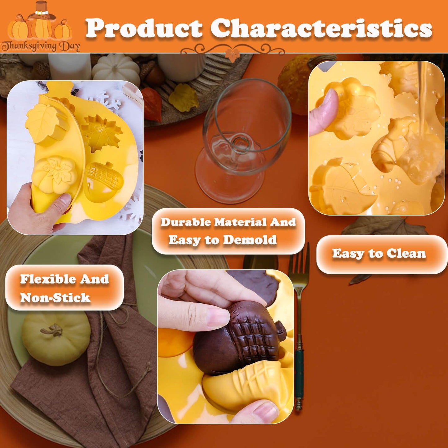 Halloween & Thanksgiving Silicone Molds - 3PC Autumn Cake Molds Set with Acorn Pumpkin Maple Leaf Shapes 21-Cavity Baking Pan for Chocolate Candy Cheesecake Ice Cube Jelly Pudding Soap Candle Making