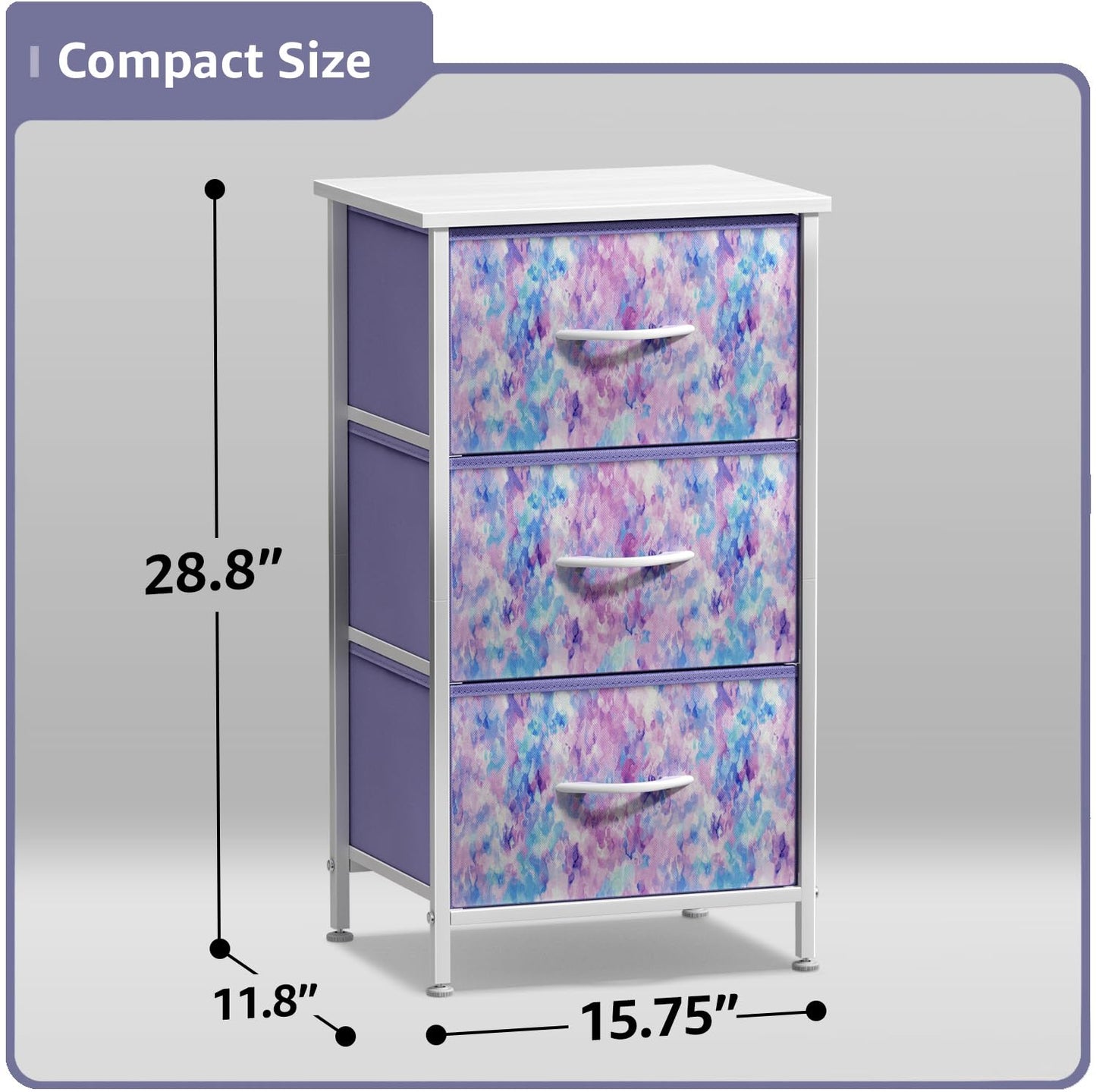 Sorbus Nightstand Storage Organizer Chest with 3 Drawers - Kids Girls, Boys Bedroom Furniture Chest for Clothes, Closet Organization - Steel Frame, Wood Top, Fabric Bin (3-Drawer, Blue/Pink/Purple)
