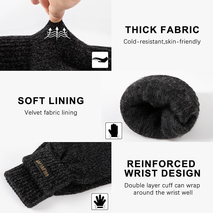 Winter Wool Gloves for Men Warm Knitted Touchscreen Cold Weather Gloves for Running Driving