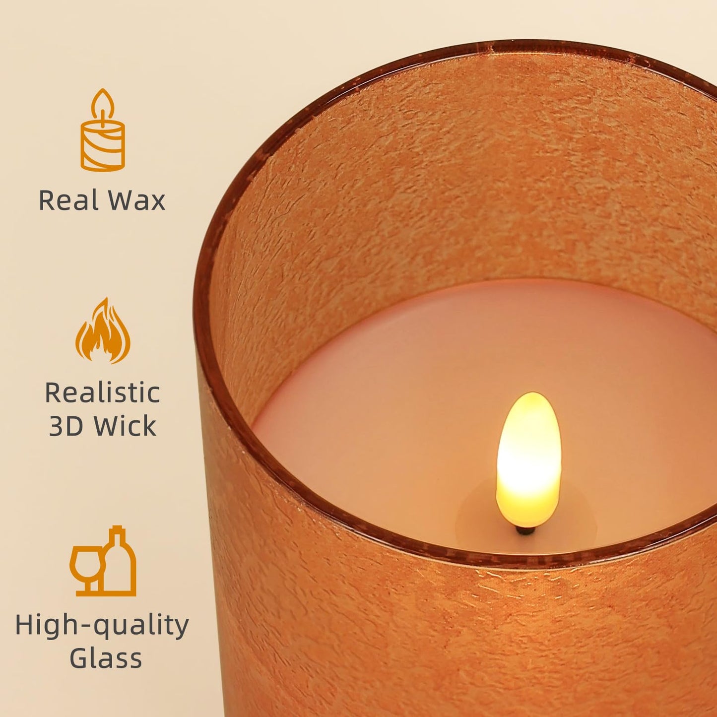 SNUGBLAKI Flameless Candles with Remote, 3D Wick Realistic LED Candles Flickering, Real Wax in Glass Orange Fake Candles for Wedding Party Festival Home Decor Gifts