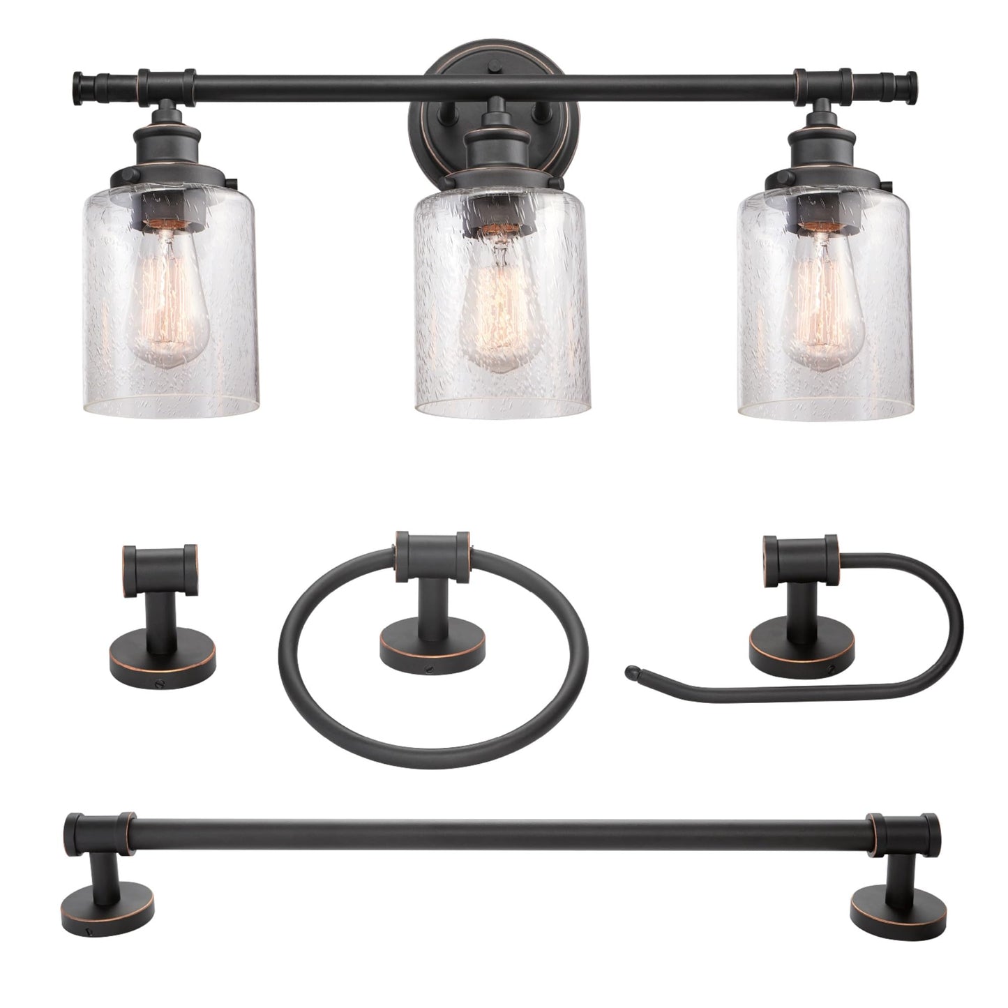Globe Electric 51415 Camden 5-Piece All-in-One Bathroom Set, 3 Vanity Light with Seeded Glass Shades, Bar, Towel Ring, Robe Hook, Toilet Paper Holder, Bronze