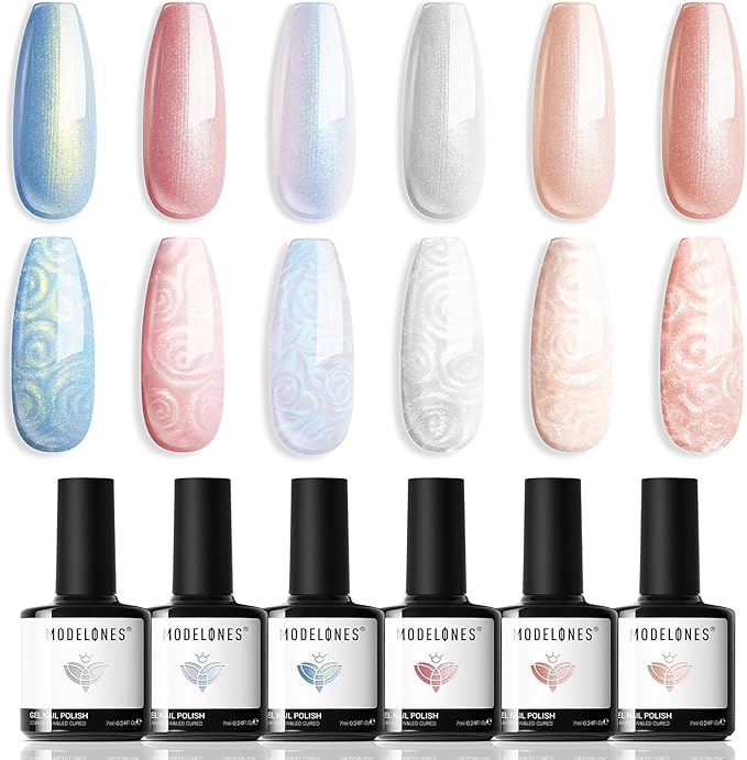 modelones Pearl Gel Nail Polish, 6 Colors Shimmer Glitter Iridescent White Nude Blue Pink Mermaid Nail Drawing Soak Off Gel Polish Swirl Shell Thread Effect Gift DIY at Home with Dotting Pen