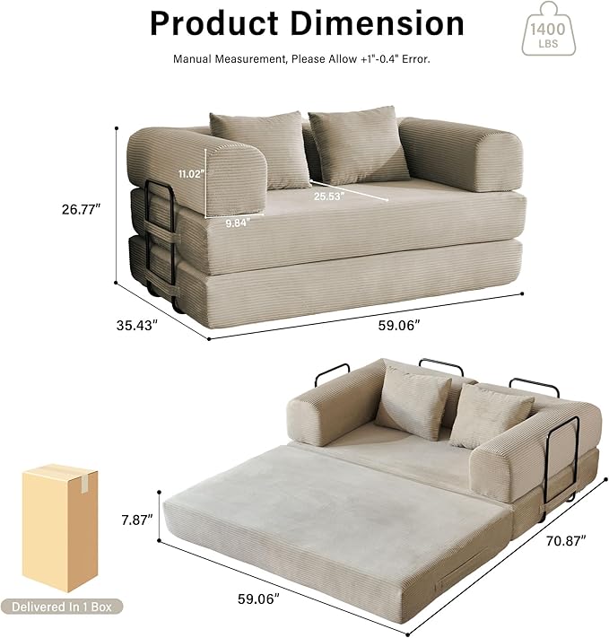 59" Folding Convertible Sofa Bed, 5-in-1 Small 2-Seater Sofa Corduroy Futon Floor Couch with Pull-Out Sleeper, Boneless Loveseat for Small Spaces, Home Office, Bedroom, Apartment-Friendly (Beige1)