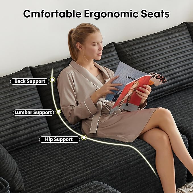 139.4" Modular Sectional Sofa Couch, Oversized U-Shaped Minimalist Couches with 2 Ottomans Chaise and 2 Middle Seats, Modern Deep Seat Cloud Plush Corduroy Sofas Set for Living Room, 8 Seater, Black