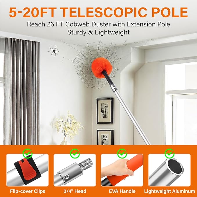 Cobweb Duster with 5-20FT Extension Pole | Spider Web Brush for Outdoor & Indoor Web Cleaning | Soft Bristle Brush | Lightweight Extendable Handle | 3/4" Standard Acme Threaded Fits Cleaner Tool