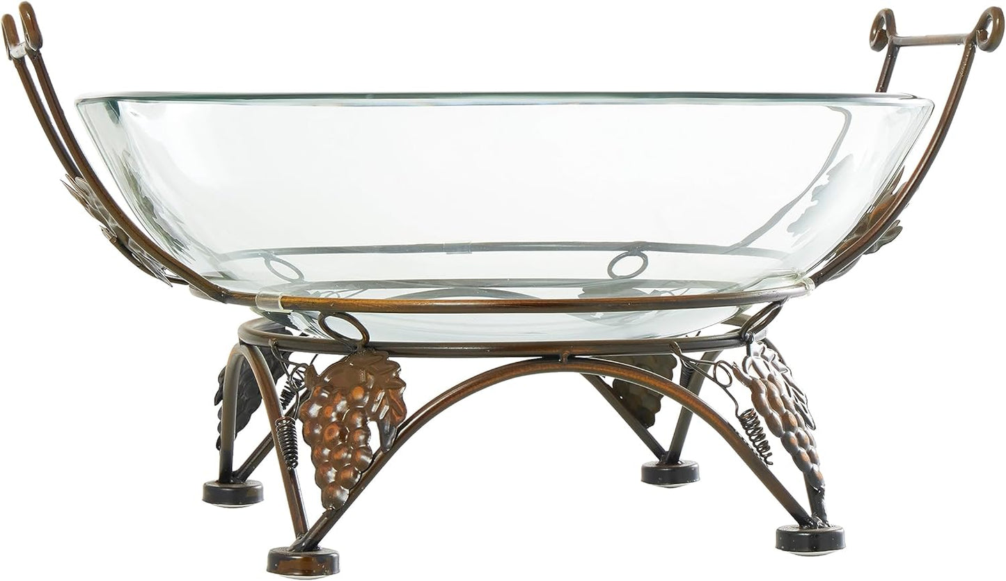 Deco 79 Tempered Glass Kitchen Serving Bowl with Copper Metal Grapes Base, 19" x 17" x 10", Clear