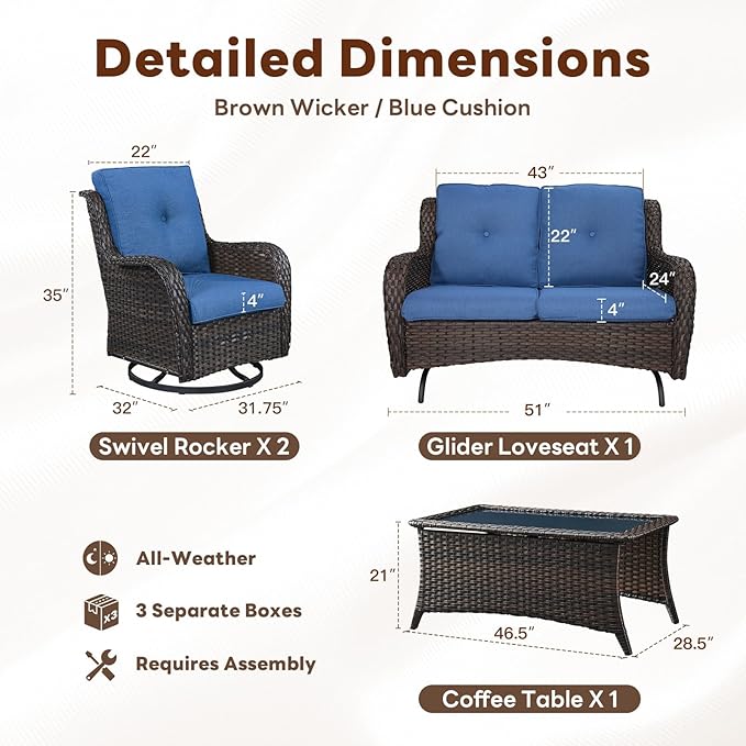 Belord 4 Piece Patio Furniture Set - Outdoor Glider Bench with Swivel Rocker Chairs and Coffee Table, High Back Small Outdoor Conversation Furniture Sets for Deck Sunroom Balcony Backyard