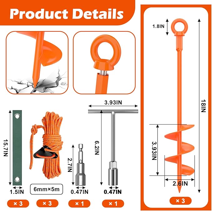 GrowGlow 3 Pack 18" Tree Stake Kit, Heavy Duty Spiral Stakes and Supports for Leaning and Young Trees Straightening, Protect Trees from Bad Weather (Orange)