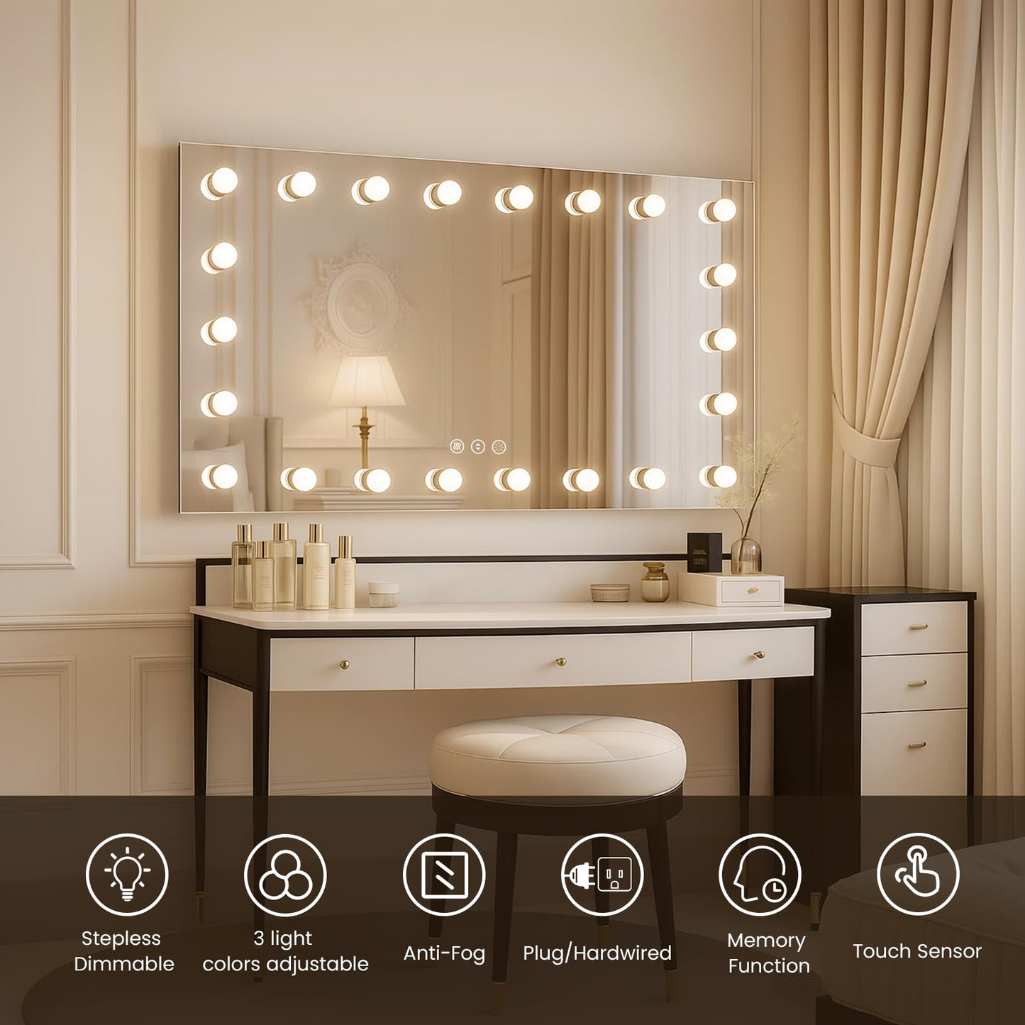 WTTY 60"x30" Hollywood Vanity Mirror with Lights, Wall-Mounted Makeup Mirror with 3 Color Temperatures, Stepless Dimmable Bulbs, Anti-Fog & Shatter-Proof