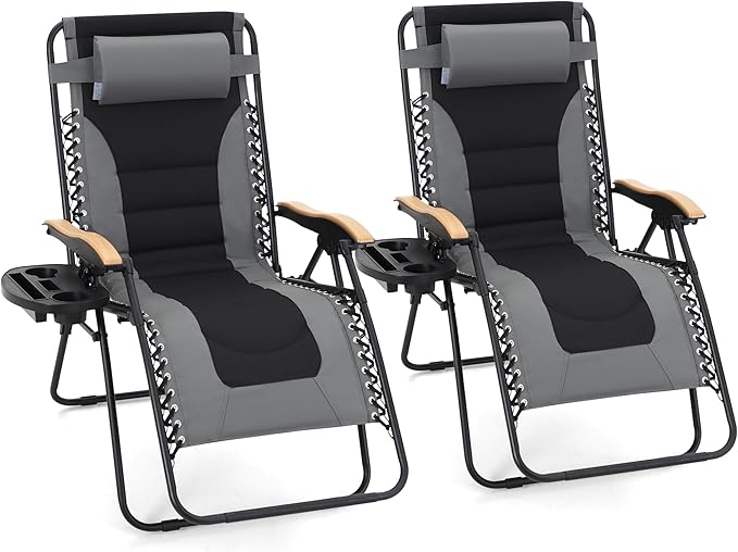 MAISON ARTS Oversized XXL Zero Gravity Chair Set of 2, 30" Wide Seat Padded Foldable Recliner, Anti Gravity Outdoor Lawn Chair for Poolside/Backyard/Beach, Supports 400lbs, Grey