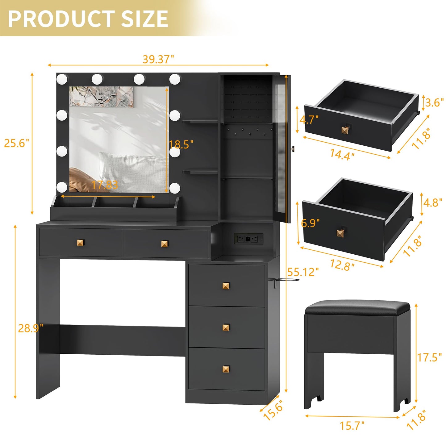 Vanity Desk with Mirror and Lights, Makeup Vanity Table Set with 5 Storage Drawers, Power Outlet & Chair, Small Dressing Table with RGB Ambient Light, Adjustable Brightness for Girls Bedroom, Black
