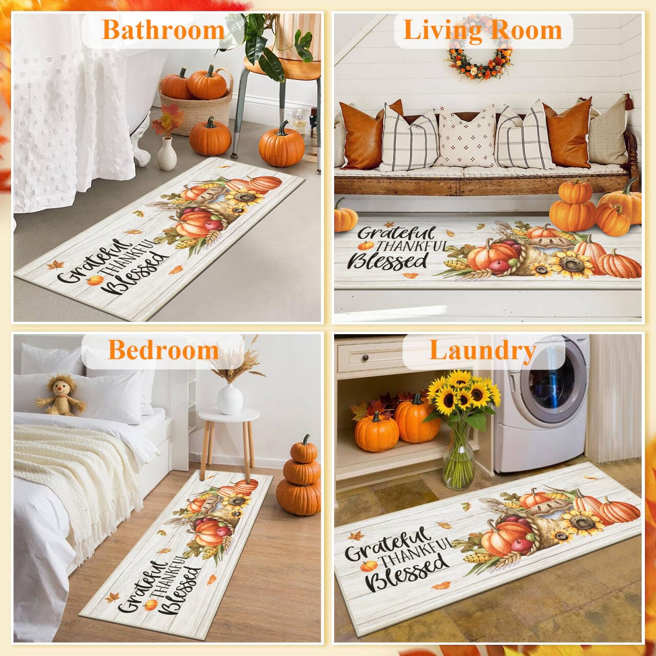 HEBE Fall Kitchen Rugs Sets of 3, Non Slip Pumpkin Kitchen Rugs and Mats, Washable Kitchen Mats for Floor, Autumn Kitchen Runner Floor Carpet for Thanksgiving Holiday Decor