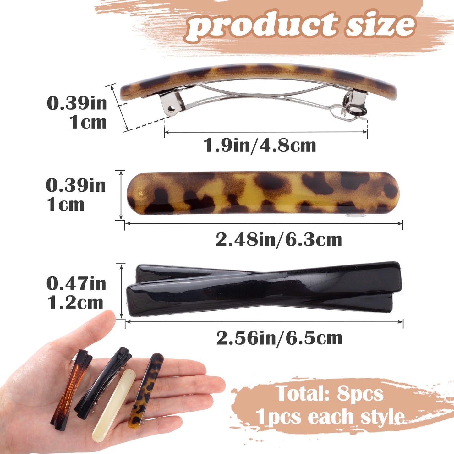 STSTR 8PCS French Barrette Hair Clips for Women, 2 Styles Small Tortoise Shell Hair Clip, Curved Glossy Thin Hair Flat Hair Acce