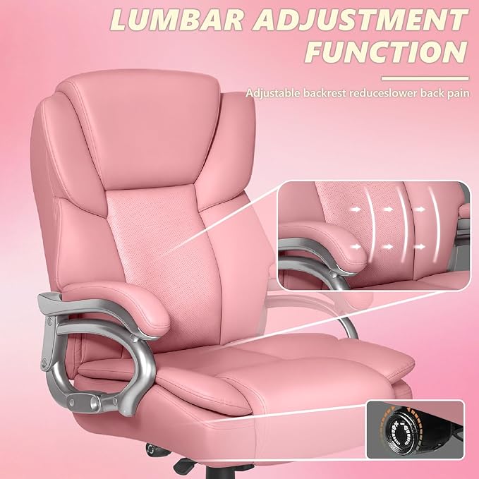 Indulgear Big and Tall Office Chair,500lbs Capacity Heavy Duty Office Chair for Heavy People, High Back Executive Computer Chair with Adjustable Lumbar Support, Quiet Rubber Wheel (Pink)