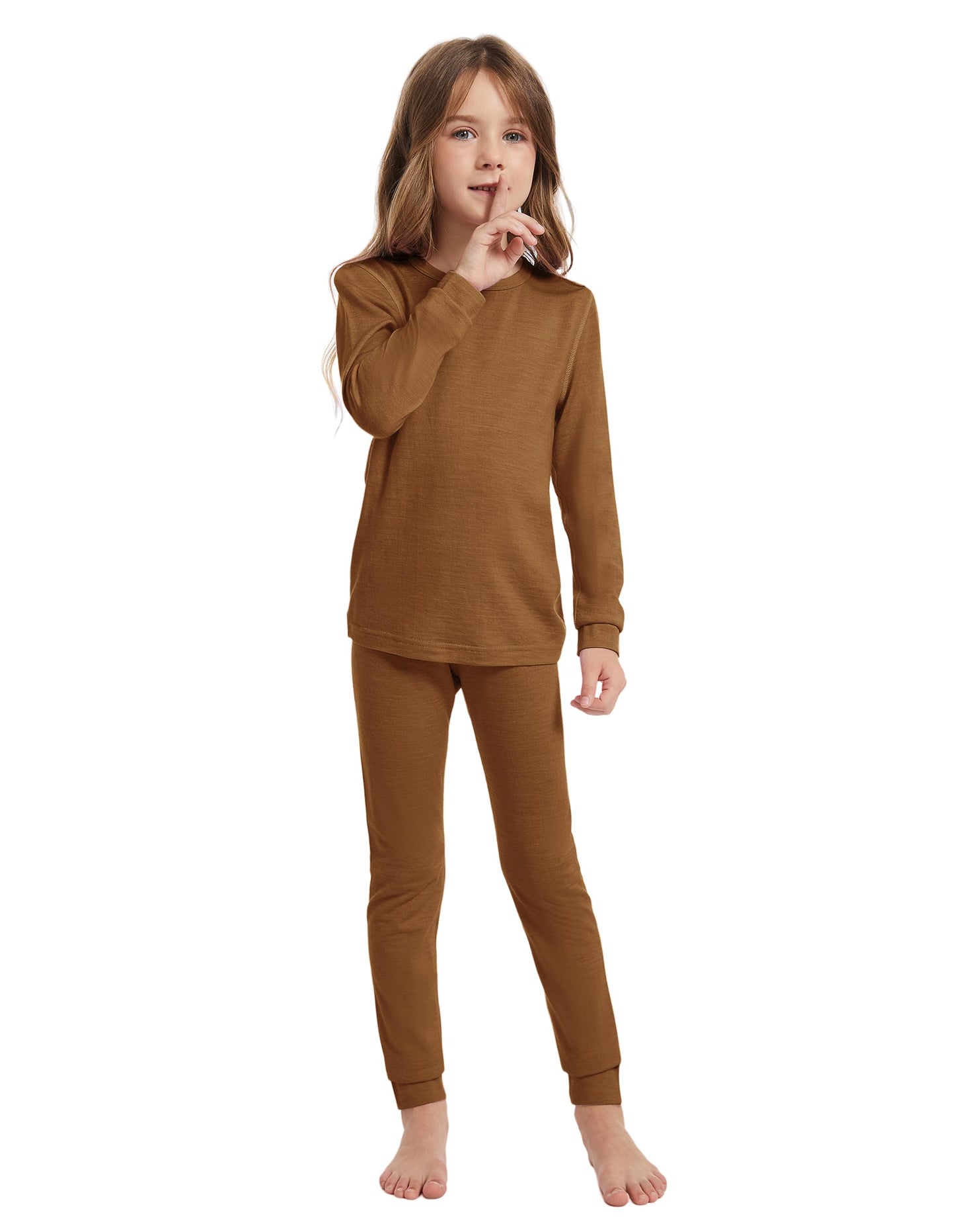 woolcano Kids Unisex 100% Merino Wool Base Layer Sets Lightweight Thermal Underwear Cooper 9-10