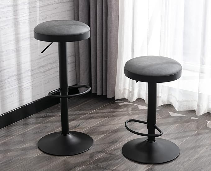 EALSON Modern Swivel Bar Stools Set of 2 Adjustable Counter Height Backless Barstools with Metal Base Leather Upholstered Round Bar Stool Chairs for Kitchen Island/Pub/Breakfast Bar, Grey