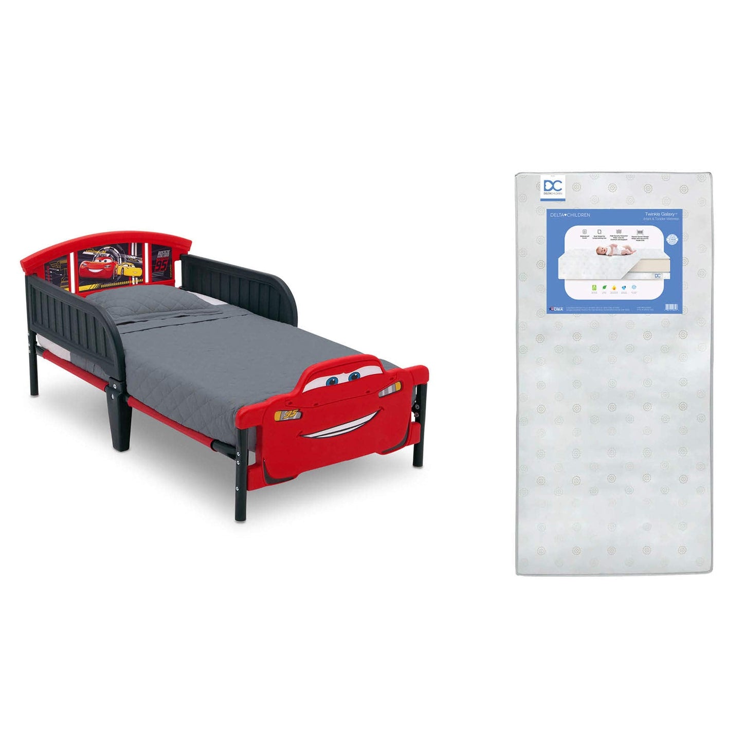Delta Children 3D-Footboard Toddler Bed, Disney/Pixar Cars 3 + Delta Children Twinkle Galaxy Dual Sided Recycled Fiber Core Toddler Mattress (Bundle)