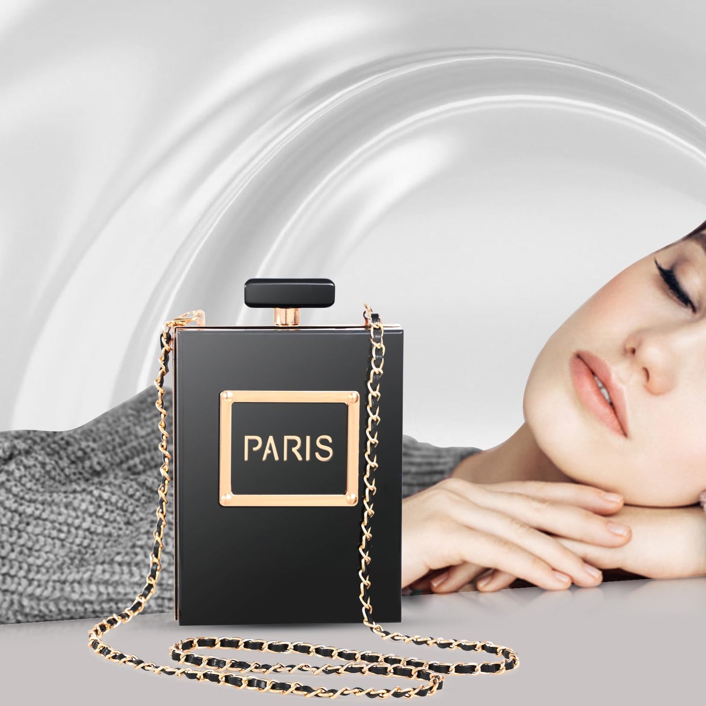 WJCD Clear Purses for Women Paris Perfume Shaped Black Purse Evening Bags Vintage Banquet Handbag (Black)