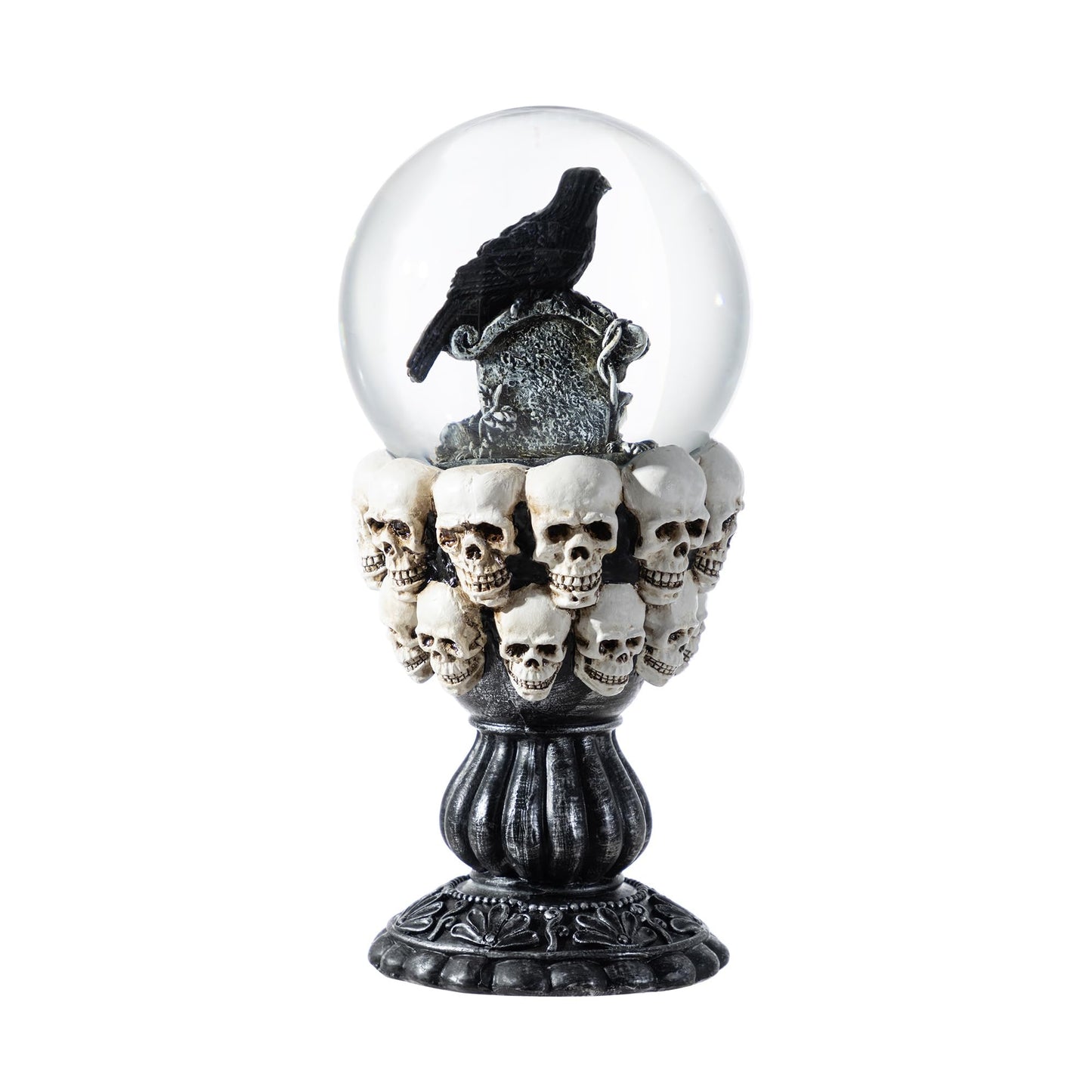 Glitzhome 100MM Halloween Stacked Skull Water Snow Globe, 7.25''H Poly Resin Stacked Skull Raven Waterglobe for Halloween Decor, Gothic Home Decoration, Spooky Gift, and Holiday Tabletop Decoration