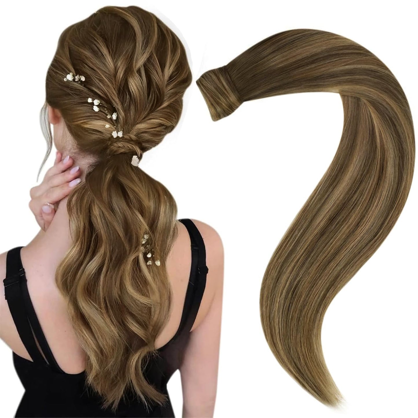 Easyouth Hair Extensions Ponytail Balayage Human Hair Ponytail Extension Ombre Medium Brown to Caramel Blonde Wrap Around Ponyta
