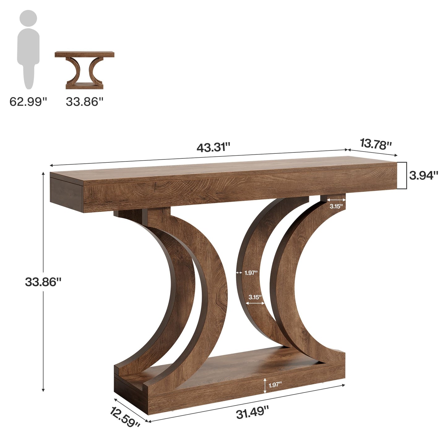 Tribesigns 43.31-Inch Farmhouse Console Table for Entryway, Unique Narrow Sofa Table Behind the Couch with Curved Legs for Living Room, Hallway, Foyer, Entrance, Rustic Brown