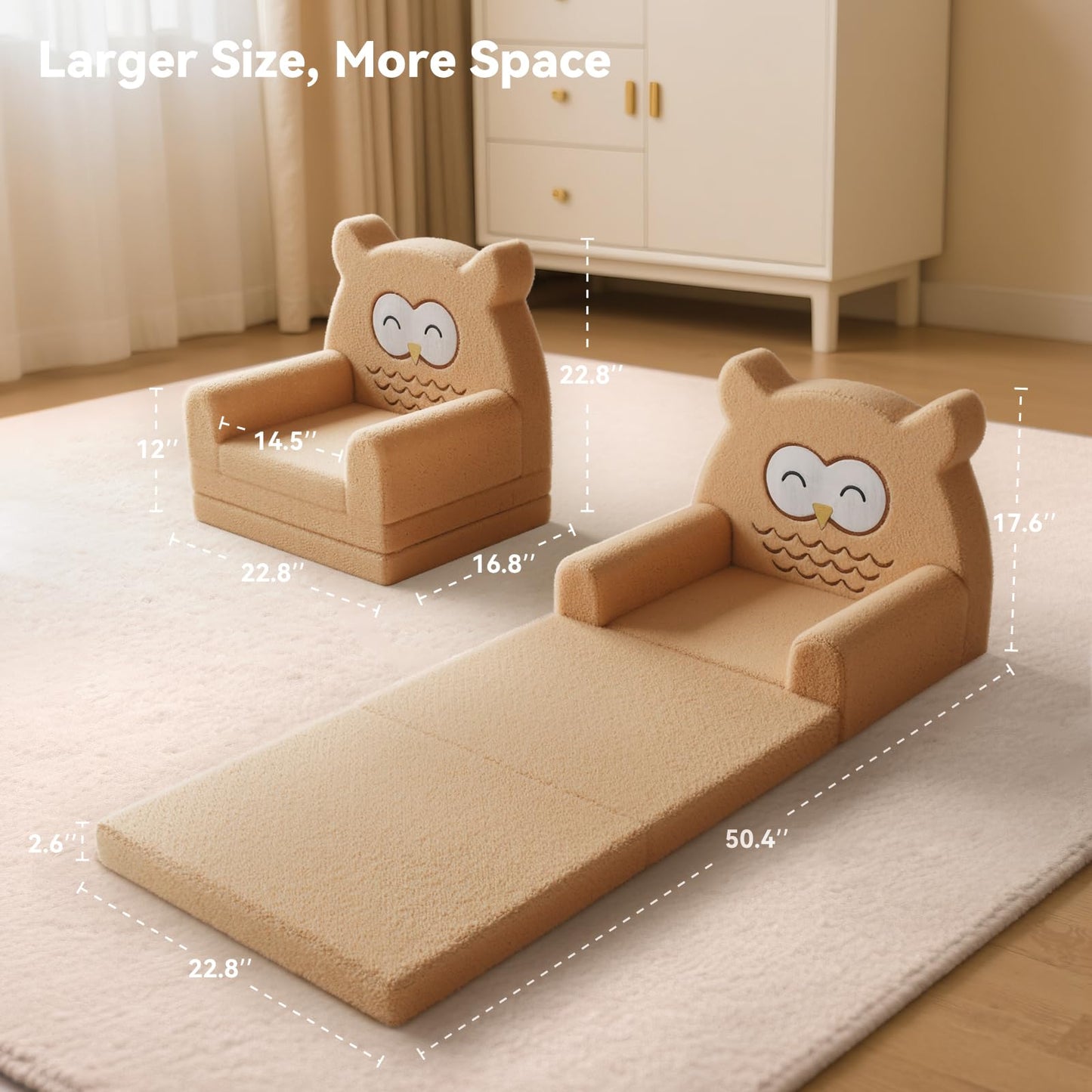 Tivellary Toddler Couch, 3-Fold Convertible Kids Couch with Cute Owl Design, Fold Out Toddler Chair for 1-3 Years Old, Soft Baby Sofa Bed for Playroom, Washable Cover