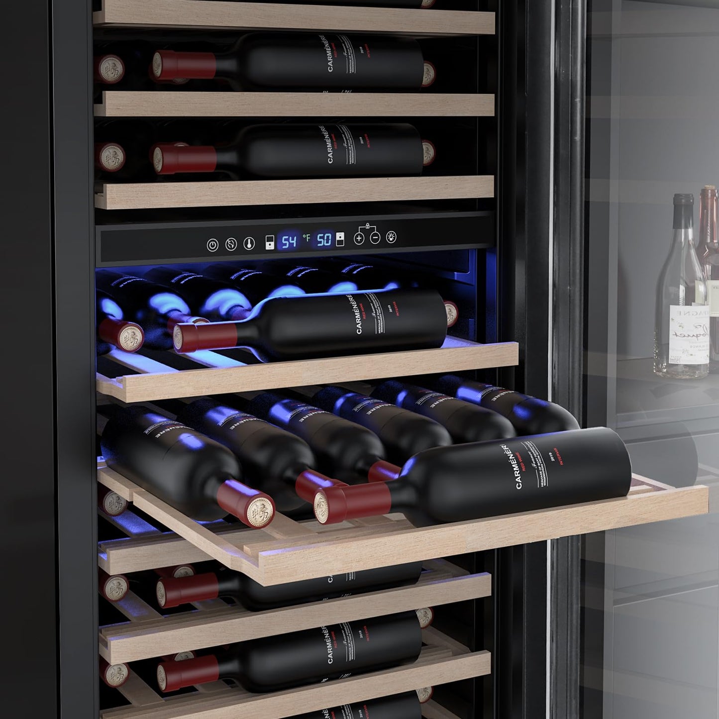 COWSAR 24 Inch Wine Cooler Drink Fridge, 105 Bottles Commercial Wine Fridge, Tall Freestanding/Built-in Beverage Refrigerator Glass Door with Removable Wooden Shelves, Blue LED Lights, Safety lock