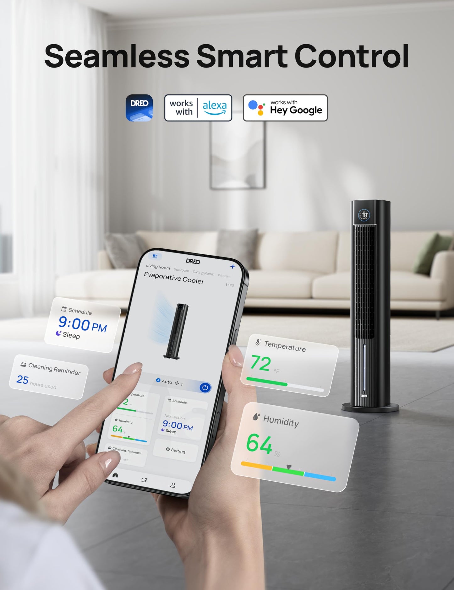 DREO Tower Fan for Bedroom, 43" Cooling Fans That Blow Cold Air 2026 Upgraded, Evaporative Air Cooler, Quiet 80° Oscillating Floor Fan, Easy Cleaning, APP Control, 4 Modes & 4 Speeds, 12H Timer, Black