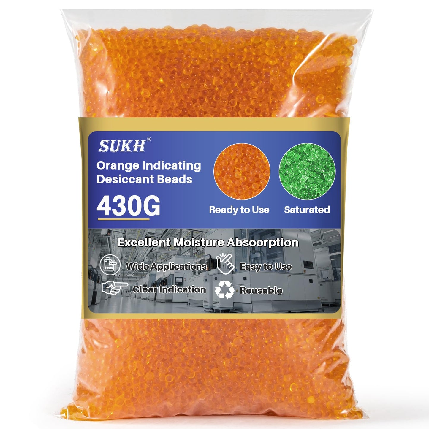 Sukh Orange Silica Desiccant Beads 430G - Indicating Silica Gel Beads Drying Silicone Reusable Desiccant Dehumidifier for Camera,Electronic,Books,Documents,Clothes,Painting,Jewelry