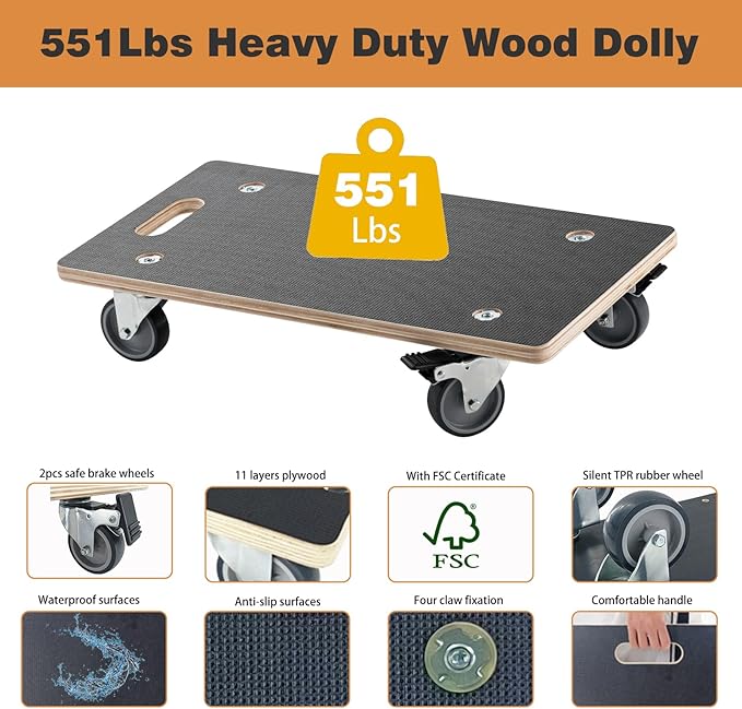 DrTakepeak Anti-Slip Plywood Platform Dolly 2 Swivel + 2 Brake Caster Wooden Cart 550 Lbs Capacity (2 Packs per Set) Furniture Transporter Widely Use for Moving Heavy Furnitures,Goods, Green Plants