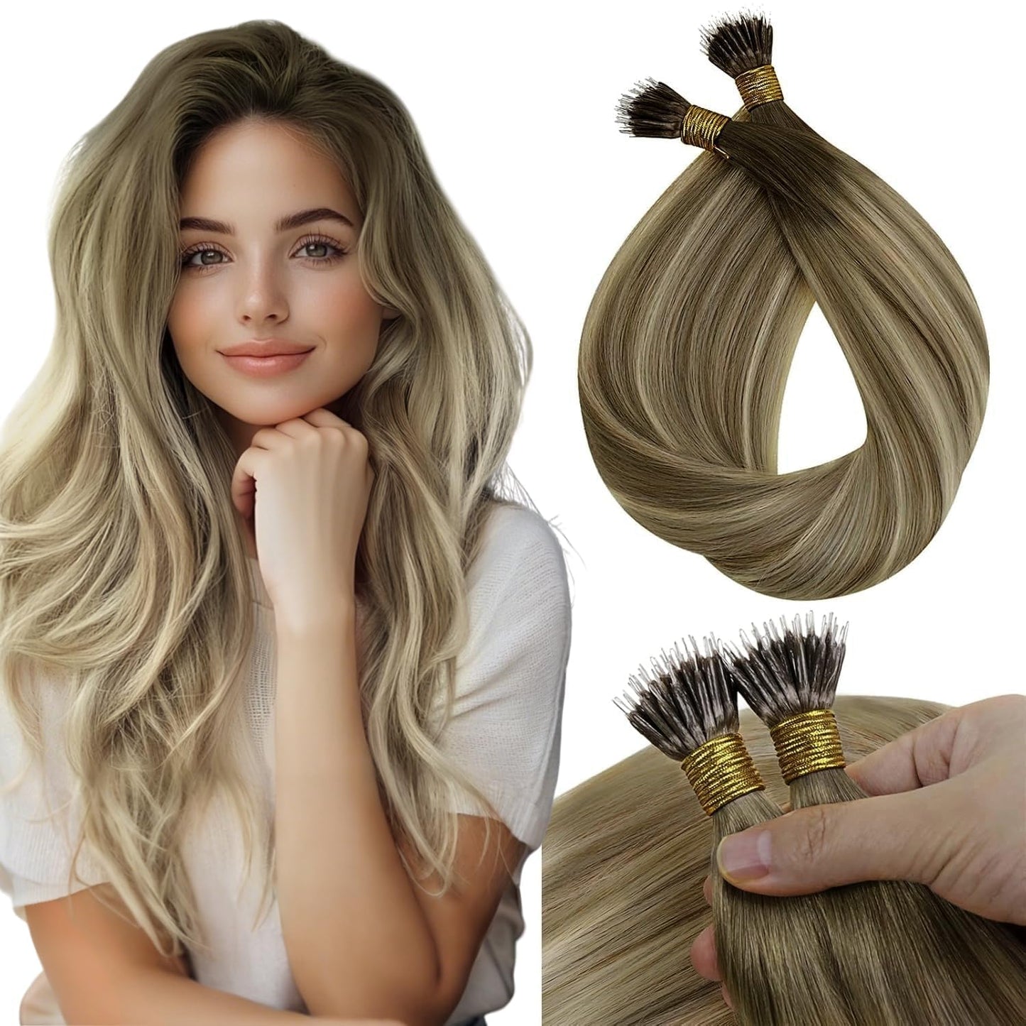 Sunny Hair Extensions Nano Bead Brown Balayage Nano Bead Hair Extensions Human Hair Medium Brown Balayage Platinum Blonde Invisi