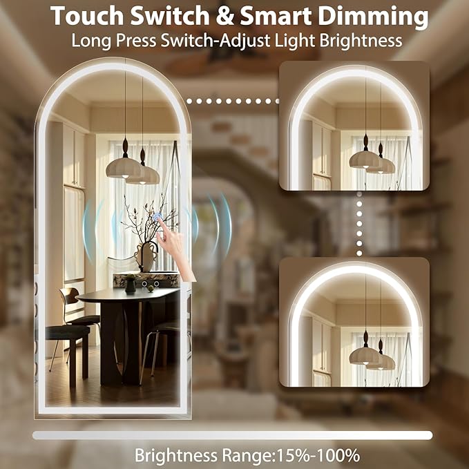 GLSLAND 26"x68" Arched LED Full Length Mirror with Lights Wall Mounted/Standing, Dimmable Floor Lighted Mirrors W/Anti-Fog, Touch Control for Bedroom, Dressing Room
