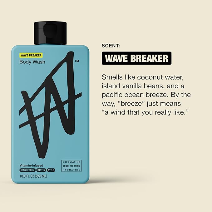 W By Jake Paul Exfoliating Body Wash for Men, Vitamin-Infused, Hydrating Shower Gel, Wave Breaker, 18 fl oz (Pack of 2)