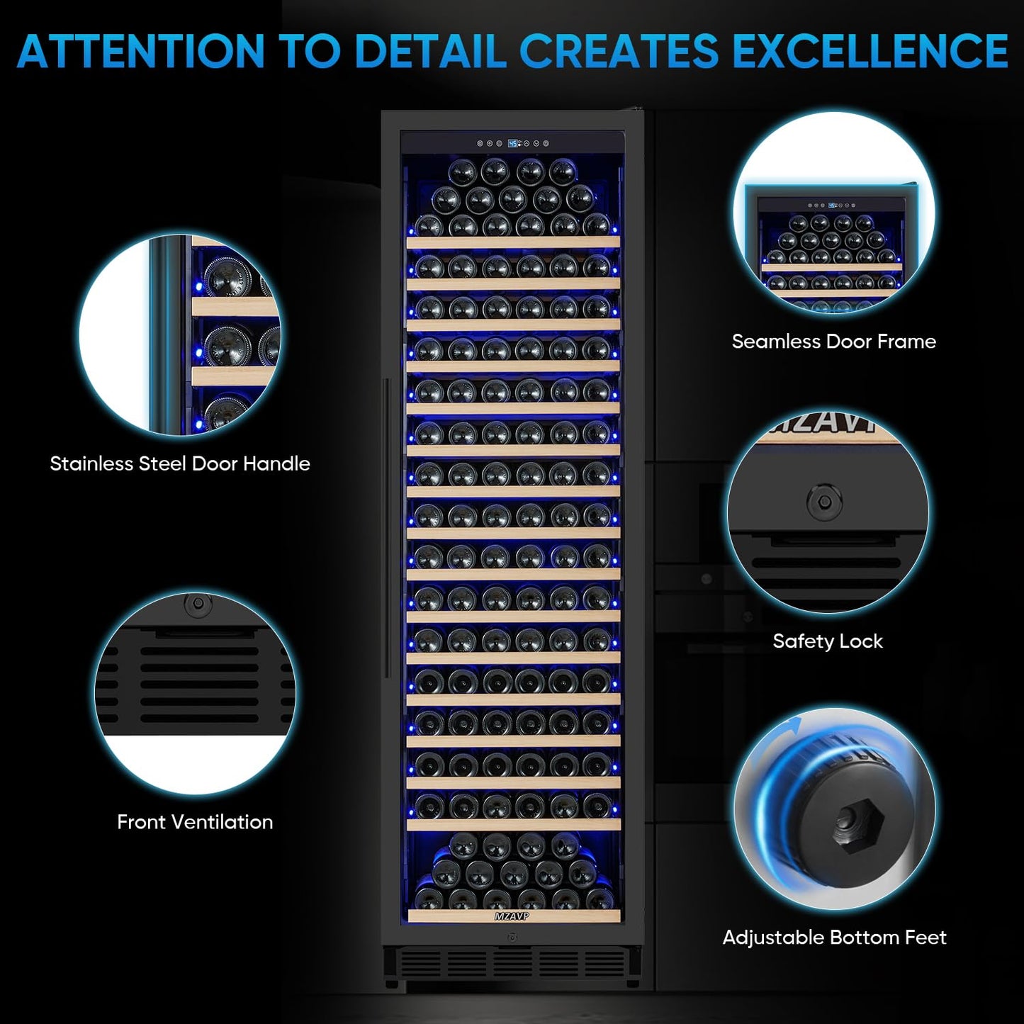 MZAVP Large Wine Fridge, 200 Bottles Wine Fridge with Fast Cooling and Intelligent Temperature Memory, Wine Cooler Refrigerator Freestanding or Built-in, Tall Wine Refrigerator with Glass Door, Black