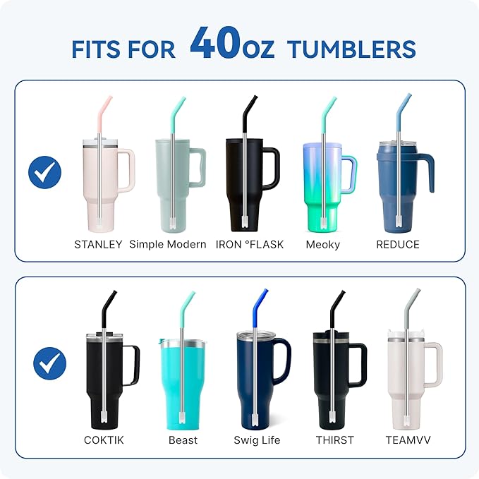 Reusable Metal Straws with Silicone Tip for Stanley 40oz,Stainless Steel Drinking Straws for 40oz Tumbler,3 Straight Tubes & 6 Tips& 1 Cleanr Brush(White)