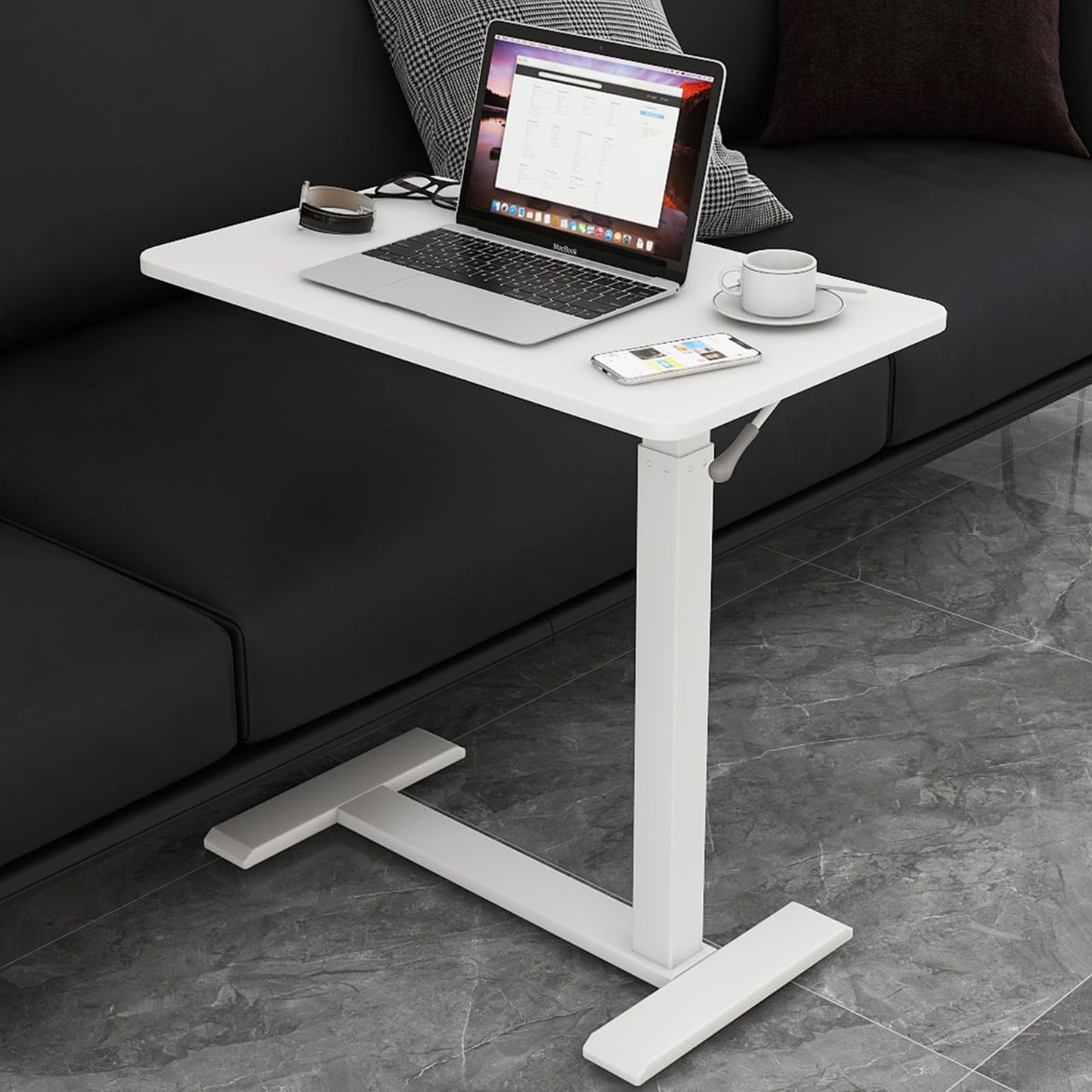 PUNCIA Medical Adjustable Overbed Bedside Table with Hidden Casters Pneumatic Mobile Standing Laptop Desk Movable Over The Bed Table Rolling Computer Cart for Hospital Home Use(26.8”Wx15.7”D White)