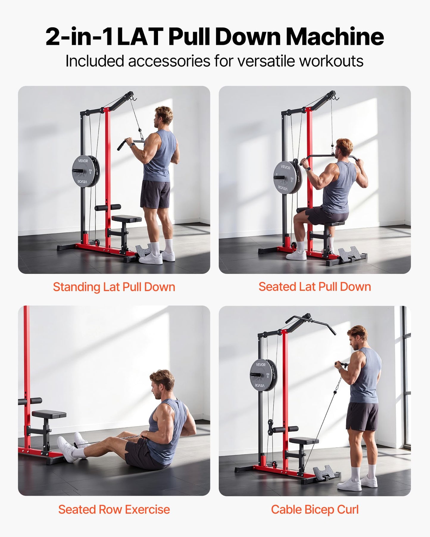 VEVOR LAT Pull Down Machine, 2-in-1 Row Cable Machine, Cable Machines Home Gym with Adjustable Seat&Height, 4-Level Adjustable Foam Roller, Load 500 lbs LAT Tower for Back, Chest, Tricep