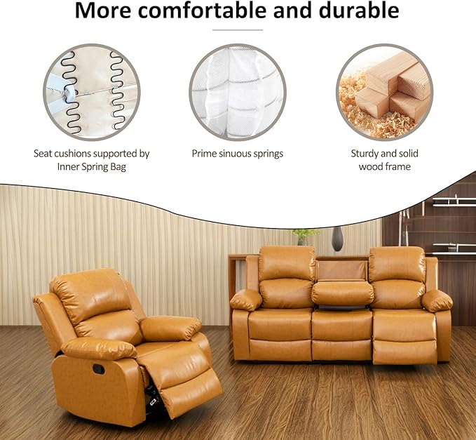 A Ainehome Living Room Furniture Set Leather Recliner Sofa Set Loveseat Chair Furniture Sofa Set for Living Room/Small Space/Rv/House/Office/Theater Seating (A-Ginger Leather, Sofa+Chairs)
