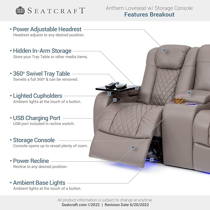 Seatcraft Anthem Italian Leather Loveseat w/Storage Console, Living Room, Power Headrest, Power Recline, Gray