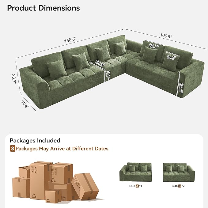 140''Modular Sectional Couches for Living Room, Cloud Boneless Compressed Sectional Sofa, Oversized L Shaped 6 Seater Upholstered Memory Foam Sofa, No Assembly, Chenille Green