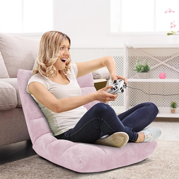 DREAMADE Folding Floor Chair w/Back Support, 14-Position Adjustable Lazy Sofa Chair w/Coral Velvet Fabric & Alloy Steel Frame, Portable Meditation Chair for Reading, Gaming,Sleeping (Light Pink)