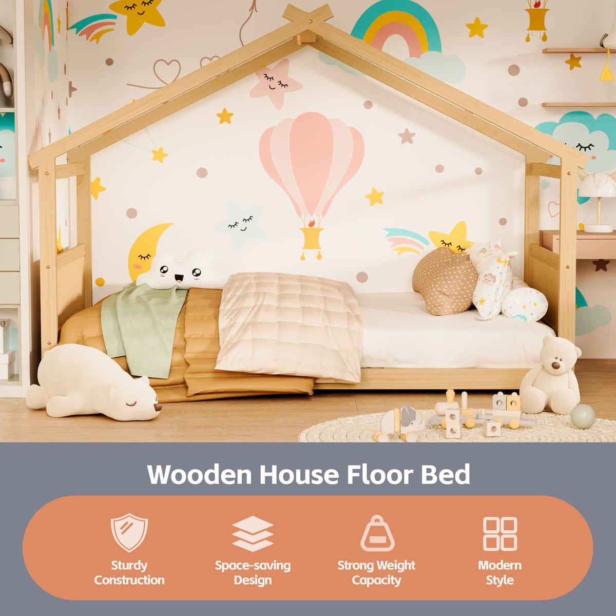 TOLEAD Twin Floor House Bed, Wood Twin Floor Bed Frame with Headboard & Footboard, Montessori House Bed Frame for Toddlers, Kids, Boys, Girls, Blue (Natural)