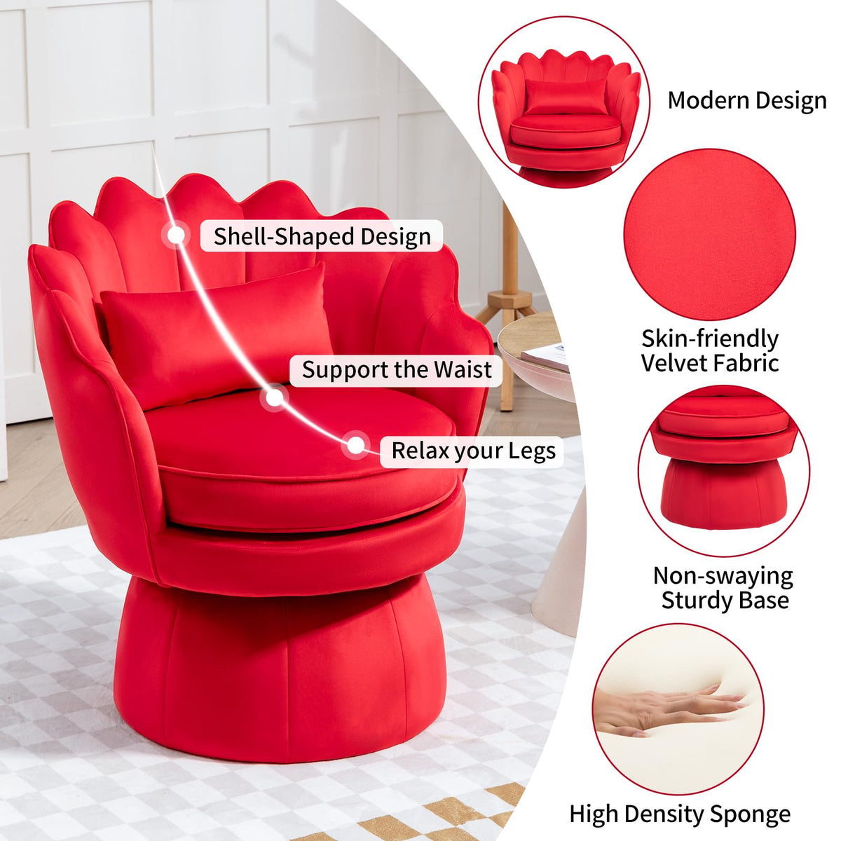 ZJhome 360° Swivel Accent Chair, Mid-Century Modern Velvet Barrel Chair, Comfy Shell Shape Arm Chair with Lumbar Pillow for Living Room, Bedroom, Office, Rose Red
