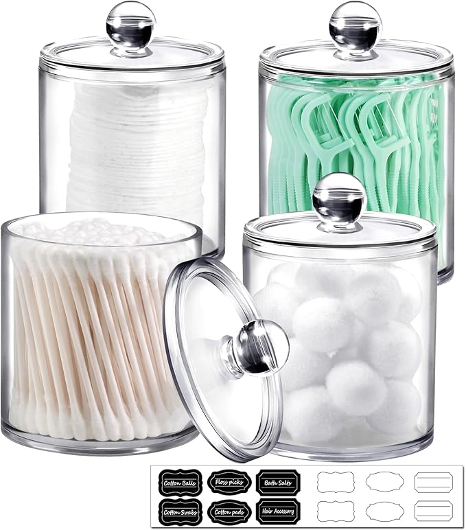 SheeChung 4 Pack. Plastic Acrylic Bathroom Vanity Countertop Canister Jars with Storage Lid, Apothecary Jars Qtip Holder Makeup Organizer for Cotton Balls,Swabs,Pads,Bath Salts (Clear, 12oz&10oz)